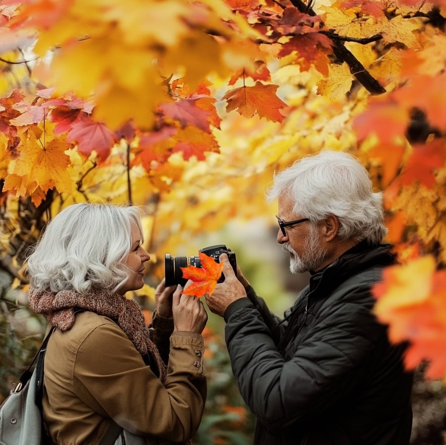 divi sirmi cilvēki fotografē rudenī